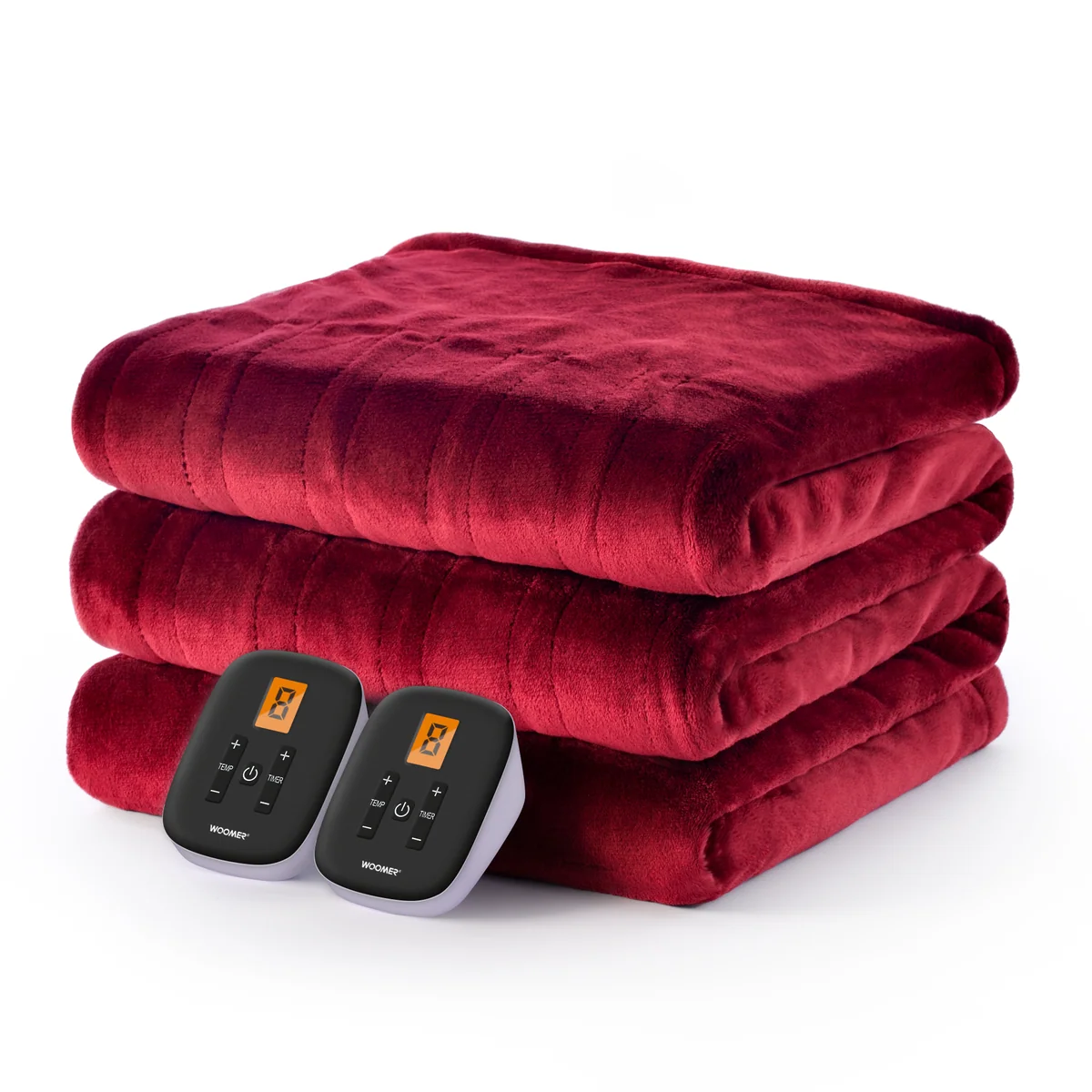 Folded WOOMER Burgundy blanket with two handsets visible in the exact Queen-page image.