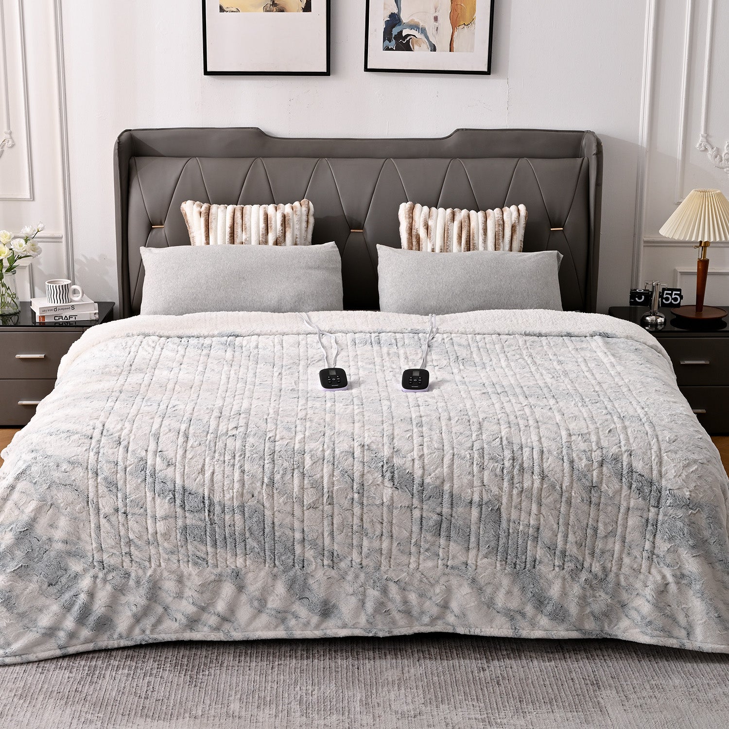 Marble Blue blanket on a bed with two displayed controller handsets in the WEBPS family-page image.