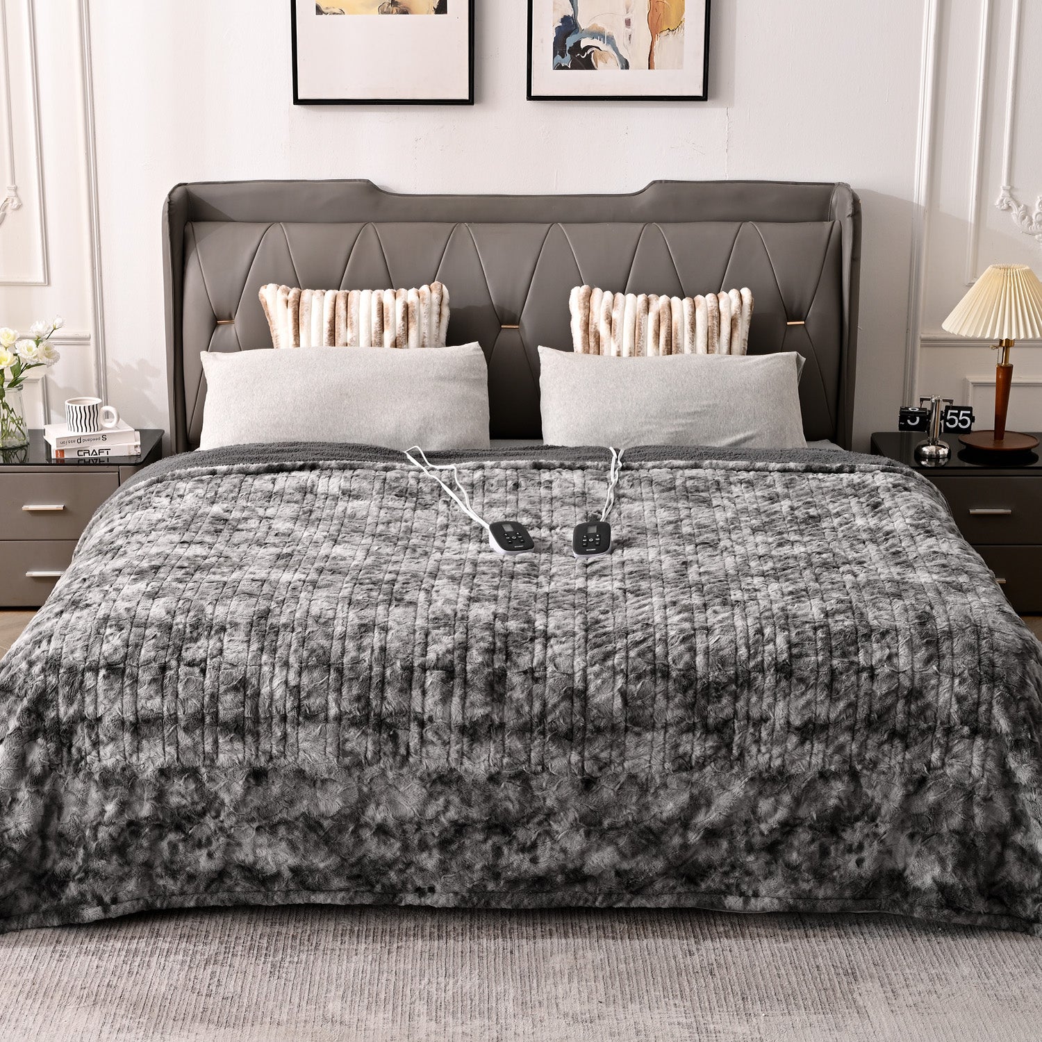 Marble Grey King blanket spread on bed with two pictured handsets.