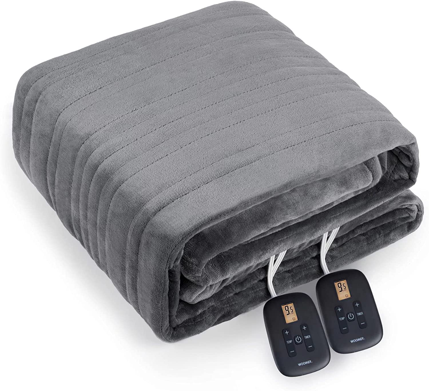 Folded Gray WOOMER Flannel Sherpa blanket with two handsets visible in the Queen and King listing image