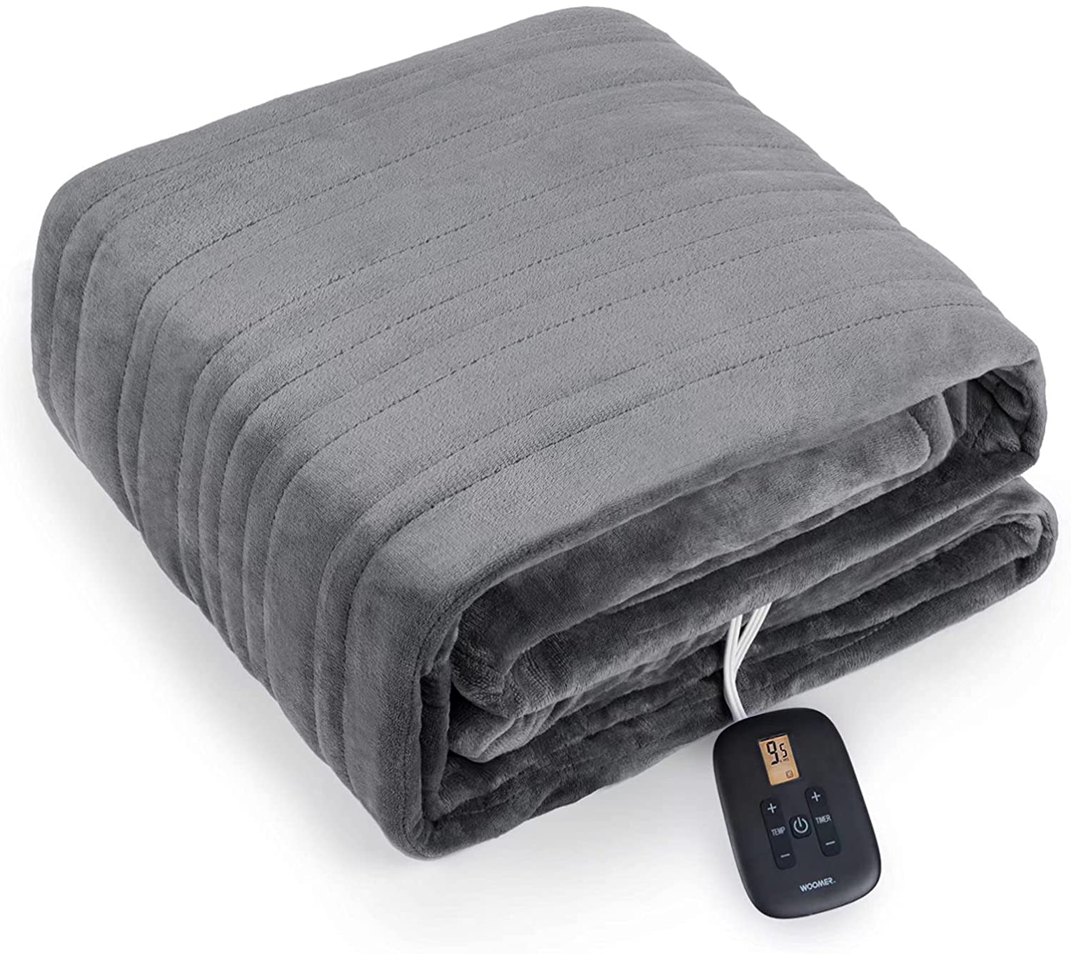 Folded Gray WOOMER Flannel Sherpa blanket with one handset visible in the Twin and Full listing image