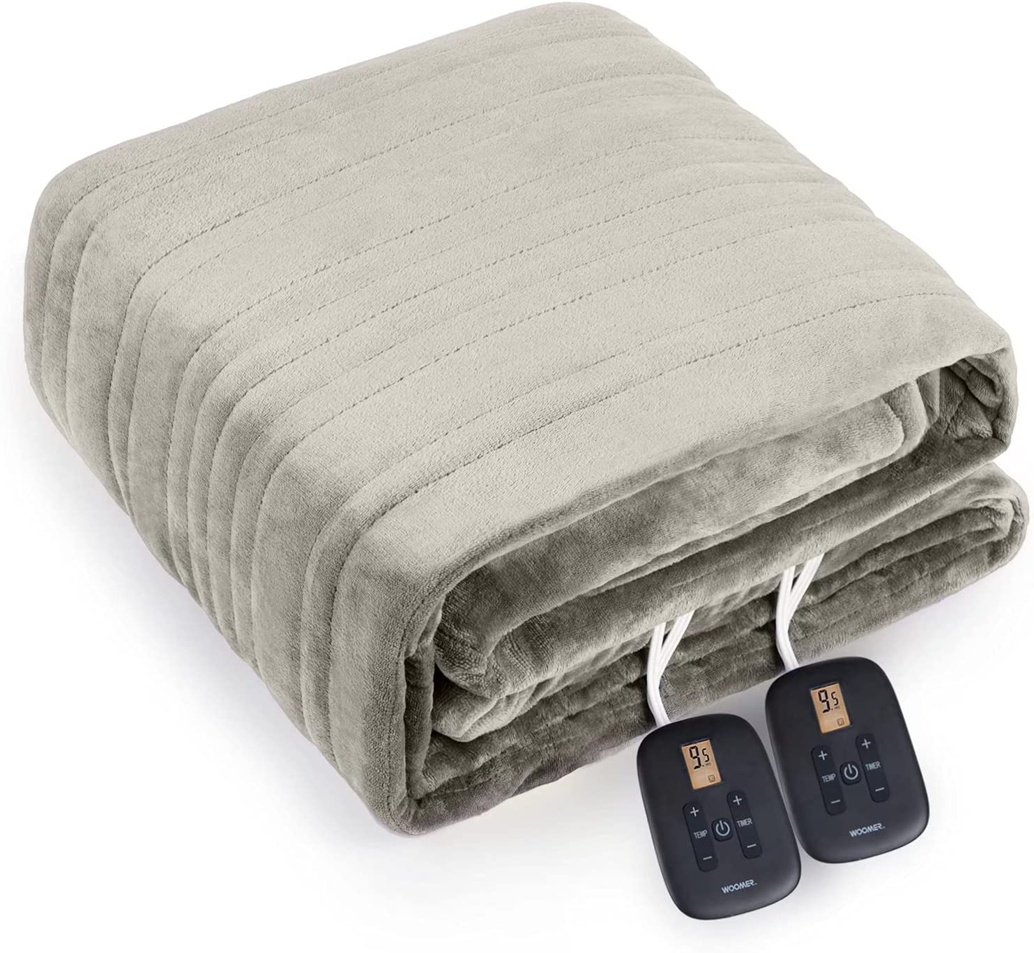 Folded Taupe WOOMER Flannel Sherpa blanket with two handsets visible in the King listing image.