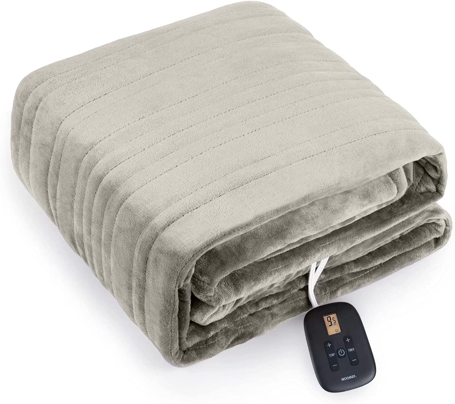 Folded Taupe WOOMER Flannel Sherpa blanket with one handset visible in the Twin and Full listing image