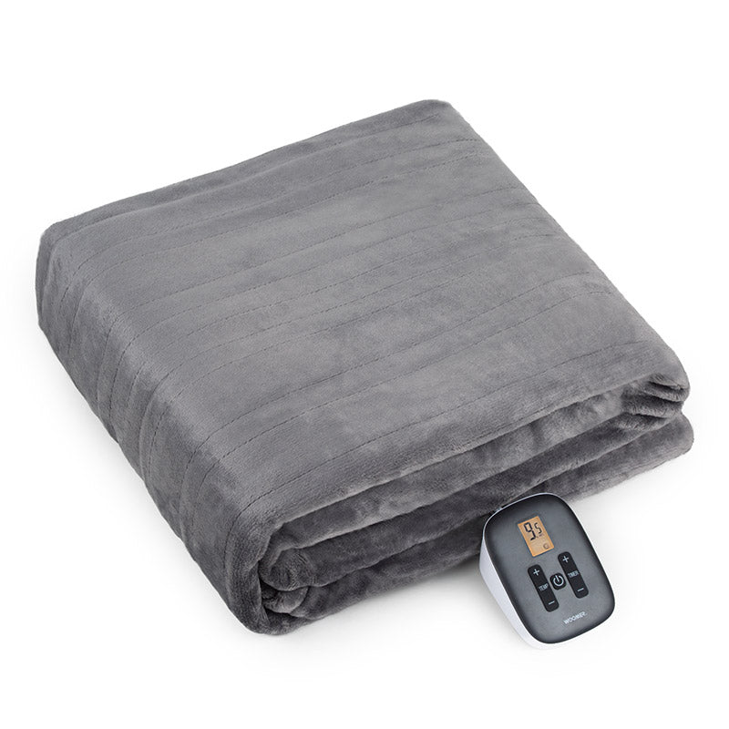 Gray WOOMER electric blanket folded with a single handset visible in its Twin listing image