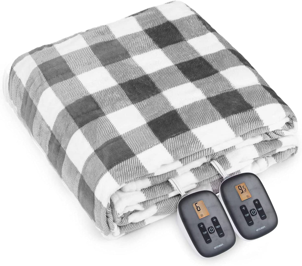 Folded gray-and-white checked WOOMER electric blanket shown with two handsets in the Queen and King page-linked image