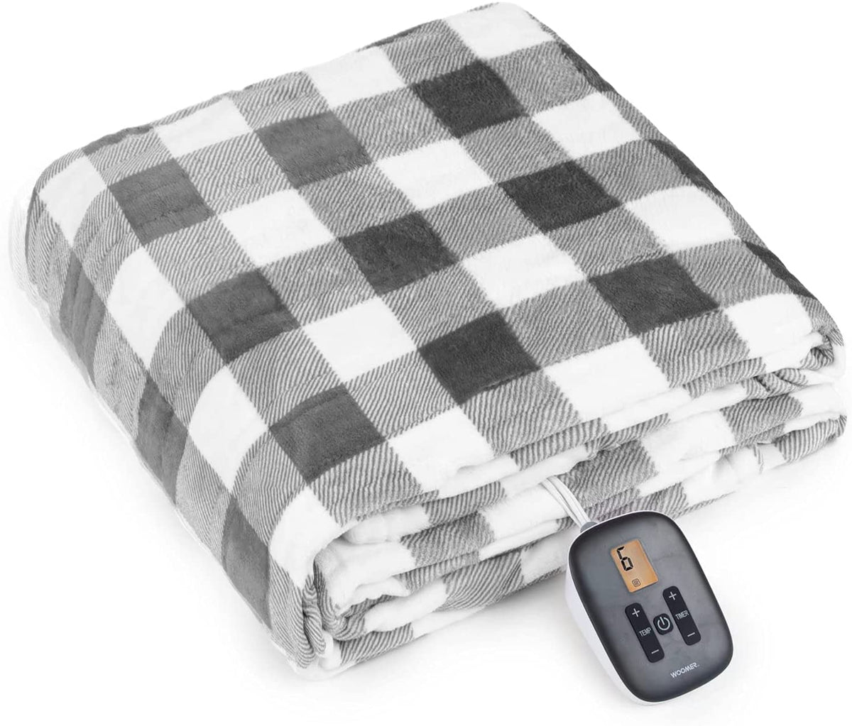 Folded gray-and-white checked WOOMER electric blanket with one handset visible in the Twin and Full page-linked image