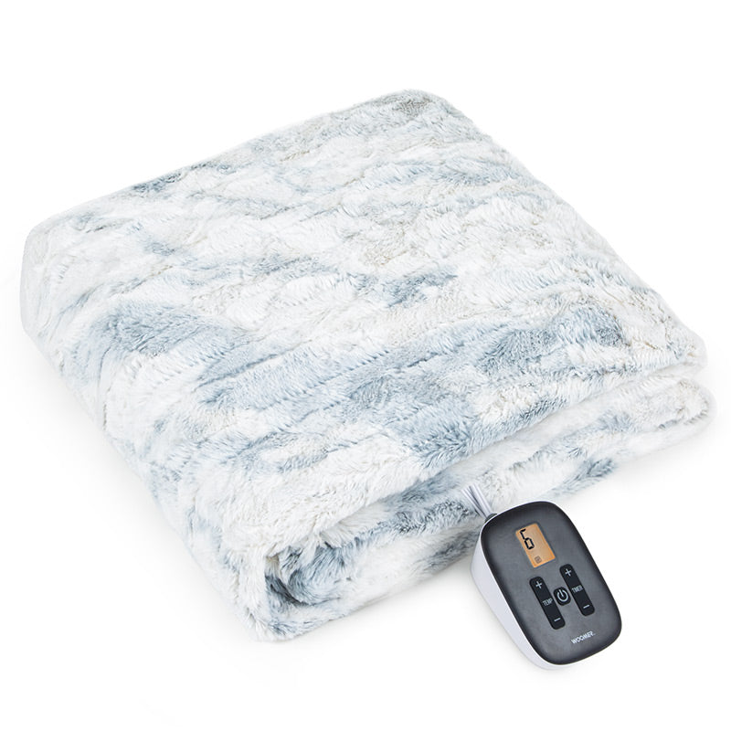 Folded Marble Blue blanket with one handset, linked from the Full listing