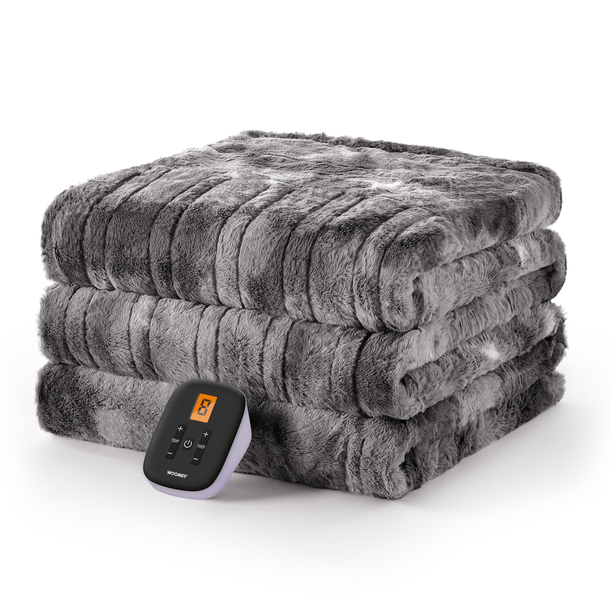 Folded grey WOOMER blanket with one handset visible in the Full product-page image