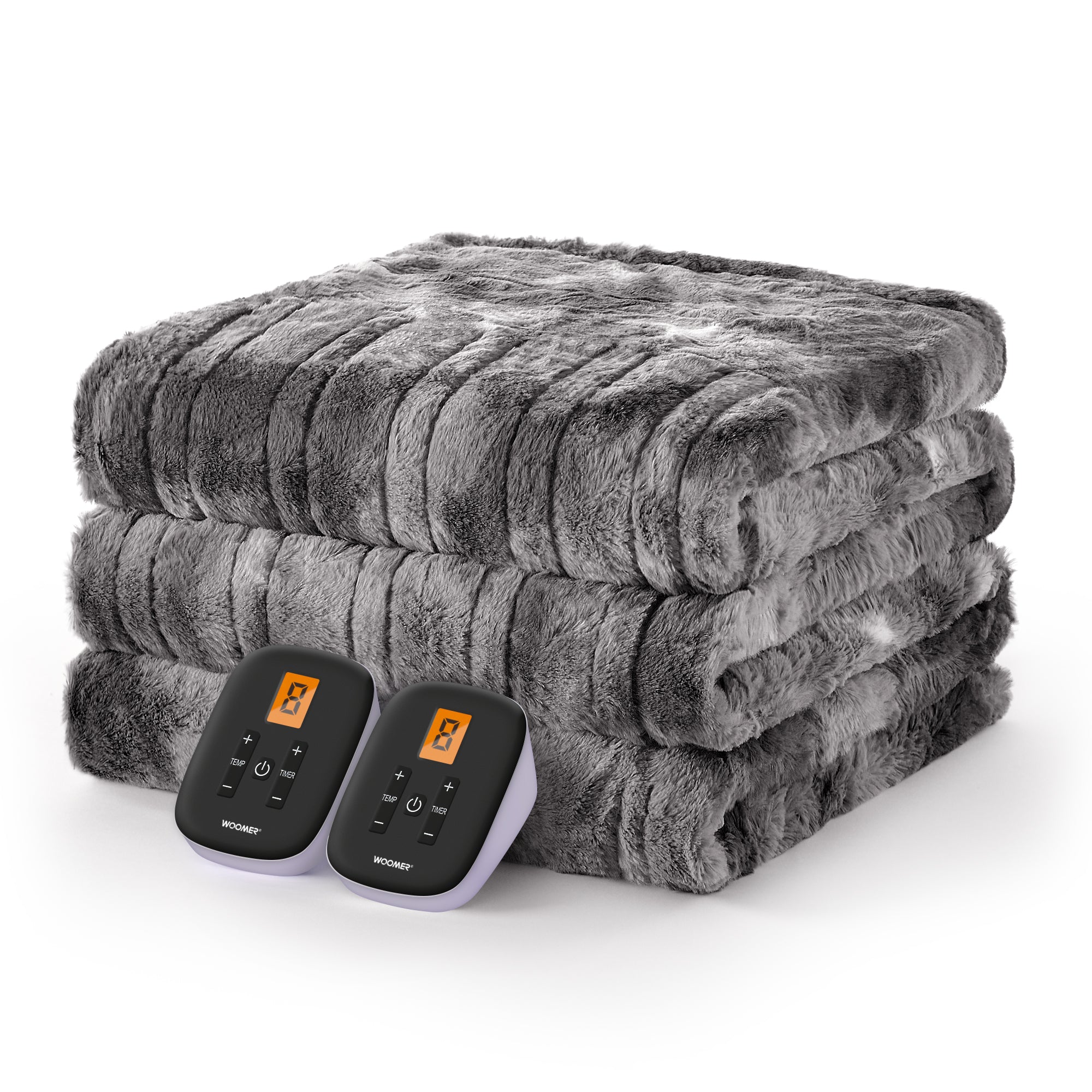 Folded grey WOOMER electric blanket with two handsets visible in the King listing image.