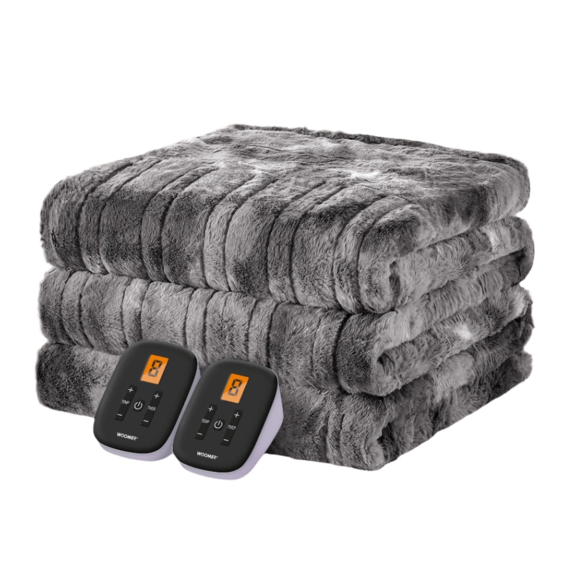 Folded grey WOOMER blanket with two handsets visible in the Queen product-page image