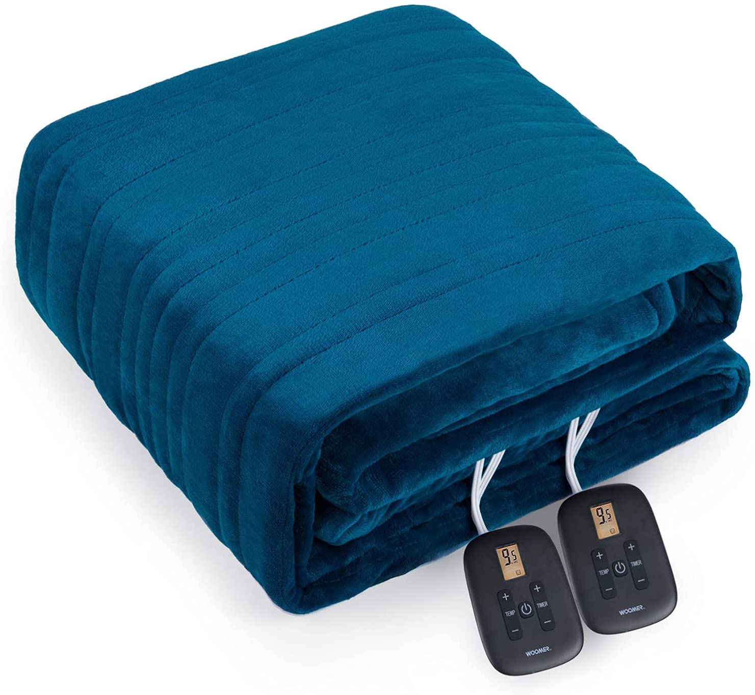 Blue WOOMER Navy blanket folded with two digital handsets visible in the store image