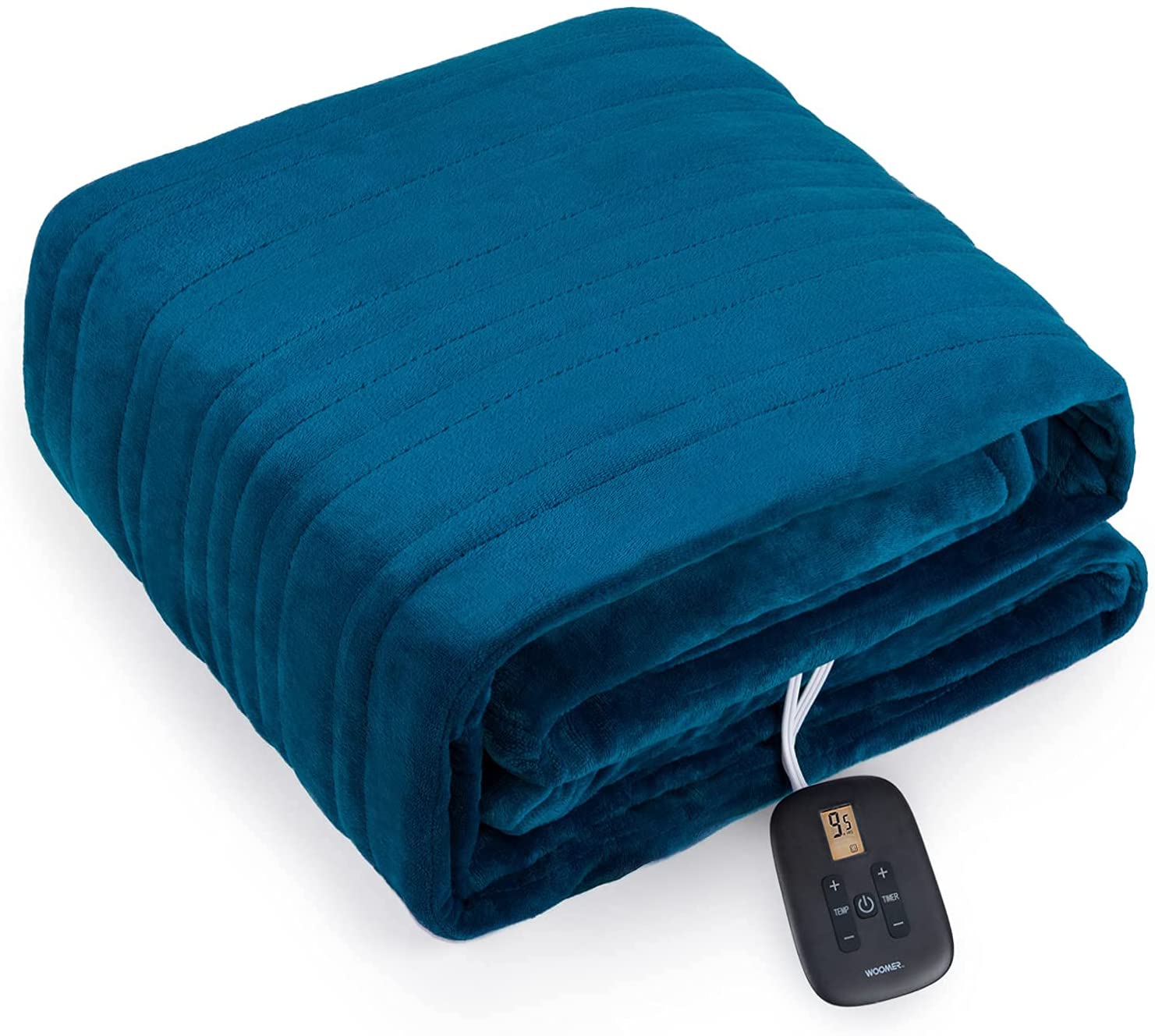 Blue WOOMER Navy electric blanket folded with one digital handset visible in the store image