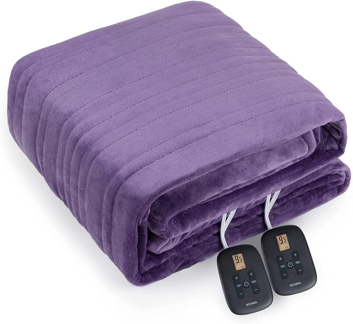 Purple WOOMER electric blanket folded with two wired controllers beside it; page-linked image shared by Queen and King listings.