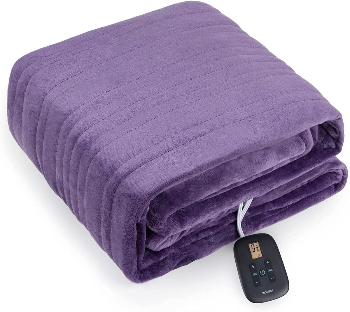 Purple WOOMER electric blanket folded with one wired control visible; the product-page image is shared by Twin and Full listings