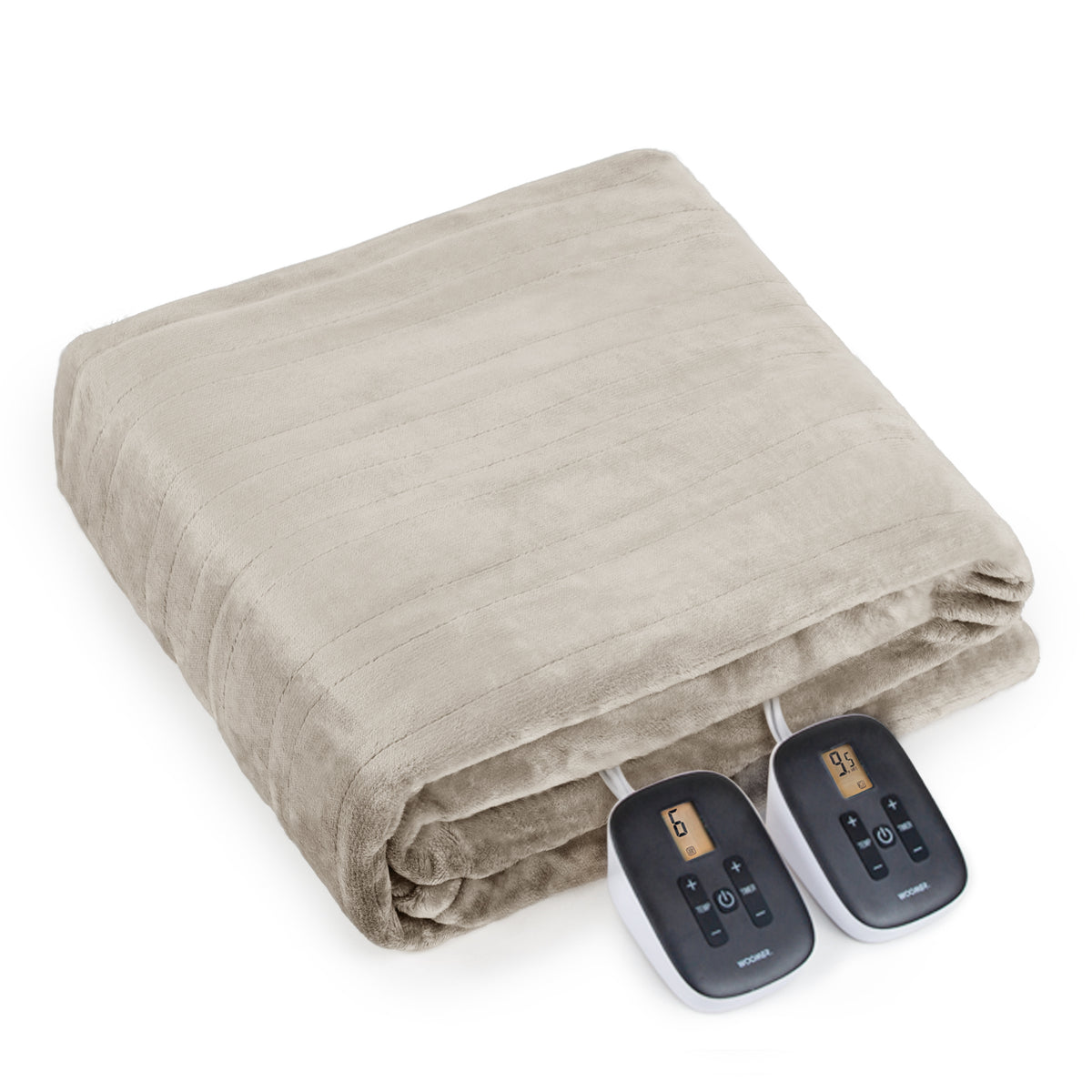WOOMER Taupe King electric blanket folded with two handset controllers; the Queen page uses identical image bytes.