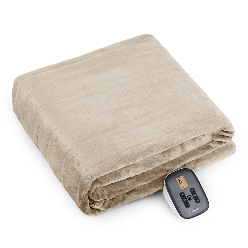 Folded Taupe WOOMER Twin electric blanket with one handset visible