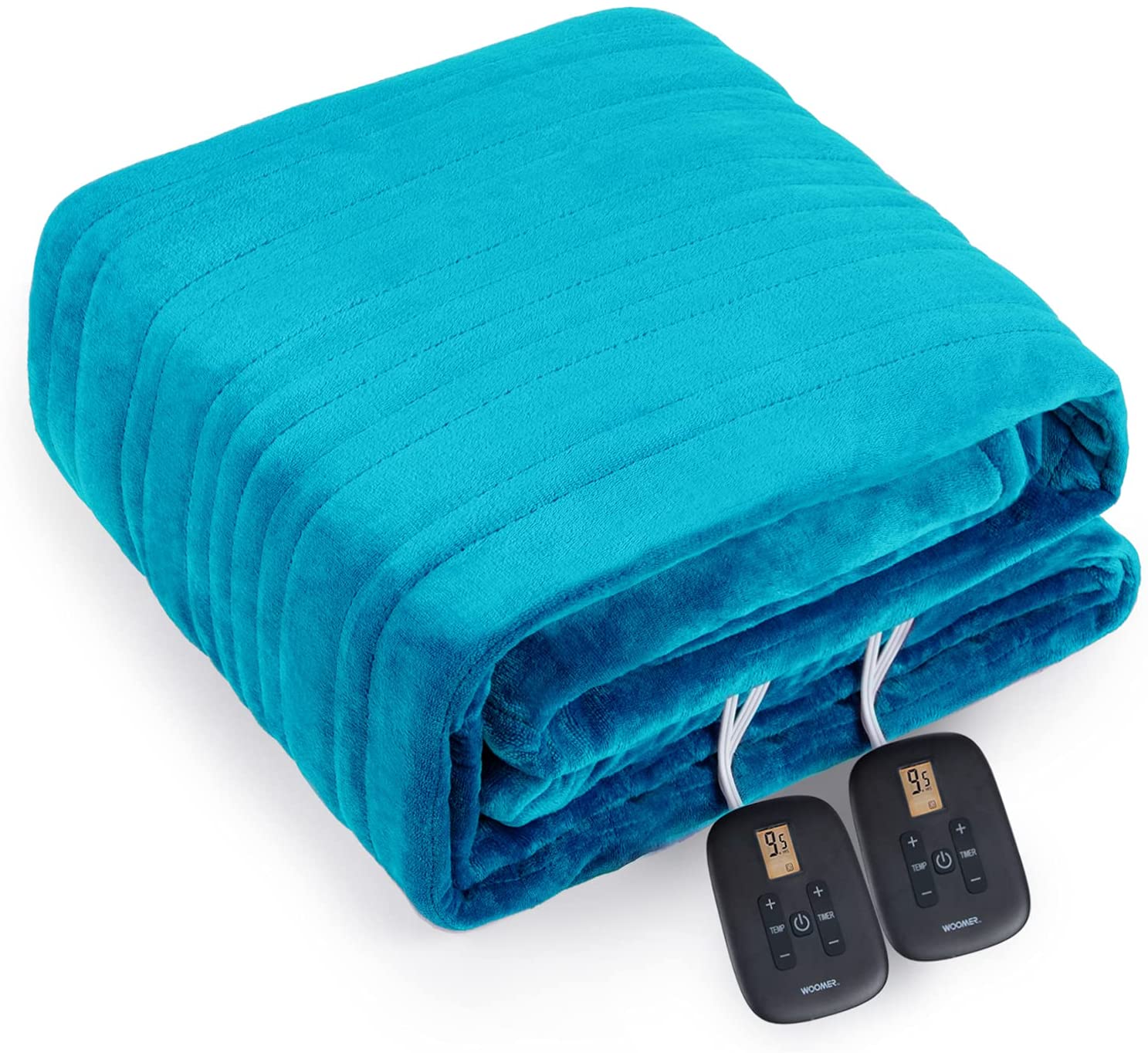 Teal blanket folded with two wired controllers shown on the exact WOOMER Queen listing