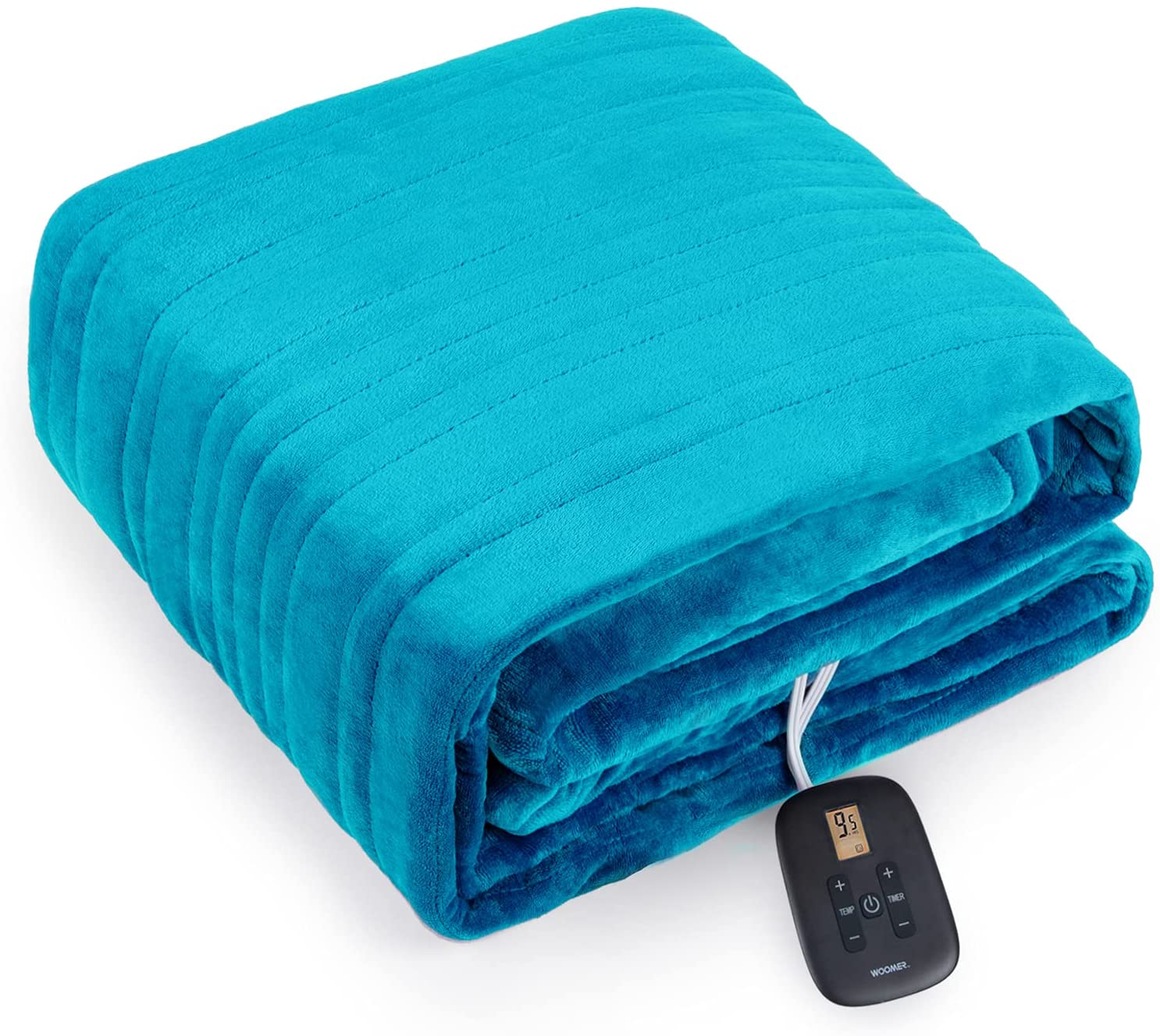 WOOMER Teal blanket folded with one wired controller visible in the shared Twin and Full page image